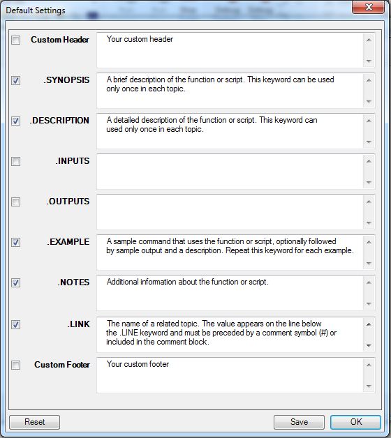 Options to select for comment based help construction